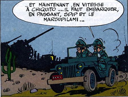La jeep avec Spirou et Fantasio en dictateurs ©Dupuis - Le dictateur et le champignon